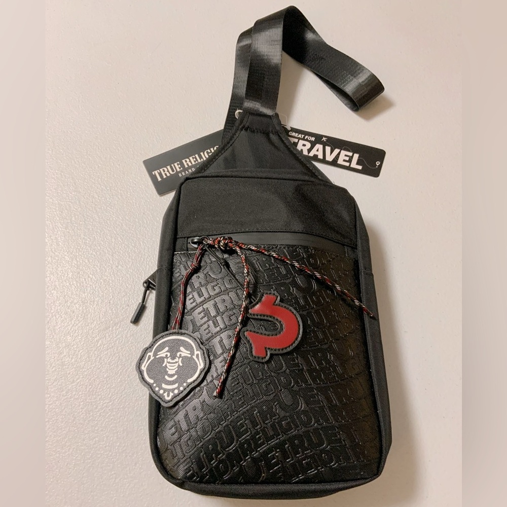 True Religion Black Sling Belt Bag with Red Accent